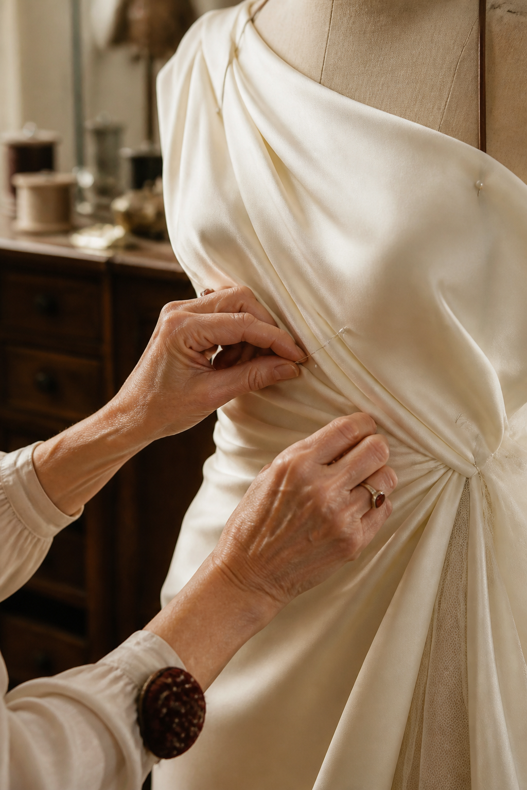 A female dressmaker's hands pinning ivory silk on a dress form