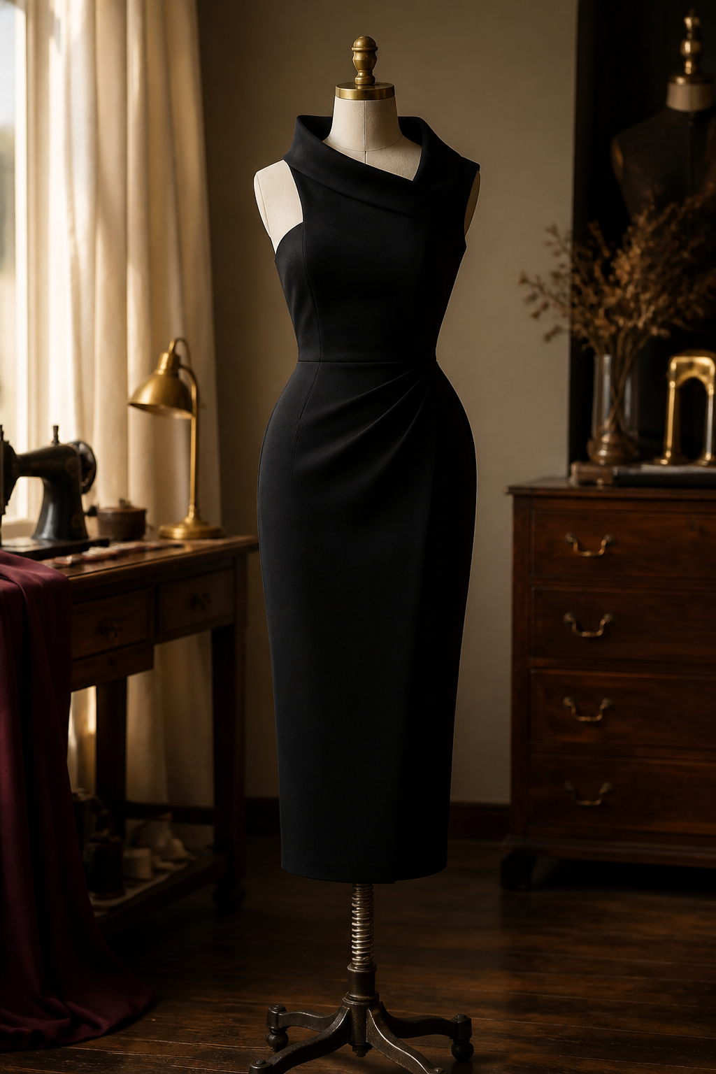 Black tailored cocktail dress with an architectural neckline
