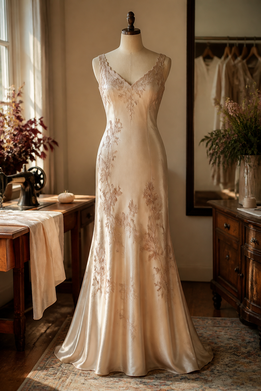 Champagne formal dress with tonal floral embroidery