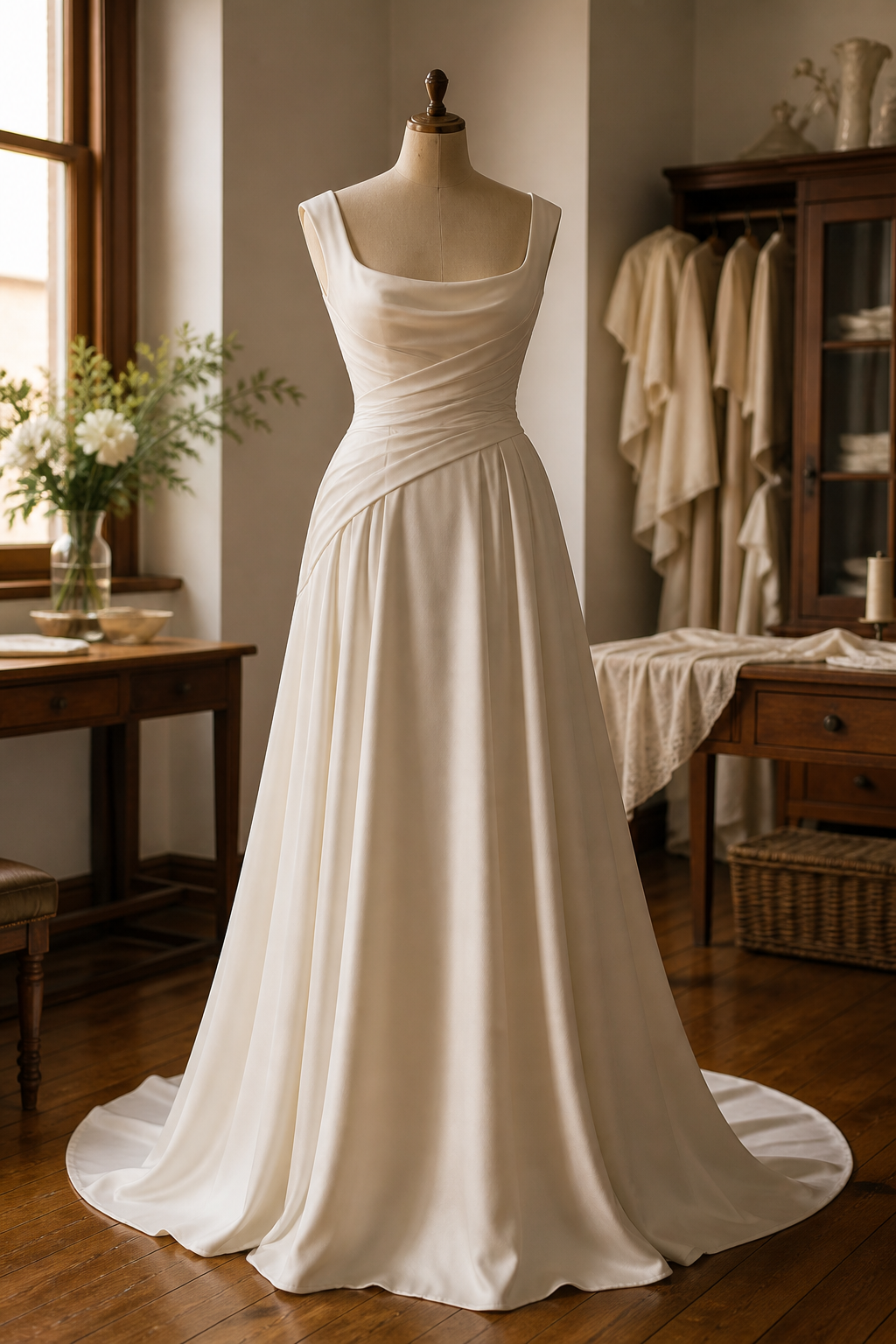 Ivory bridal gown with a softly structured bodice