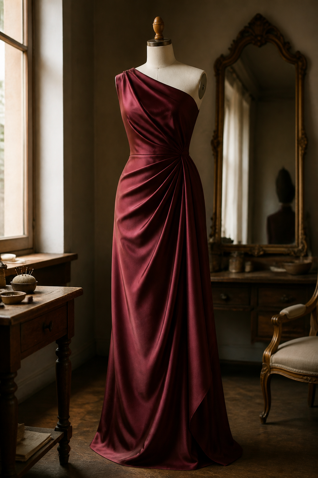Deep maroon silk evening gown with sculpted draping