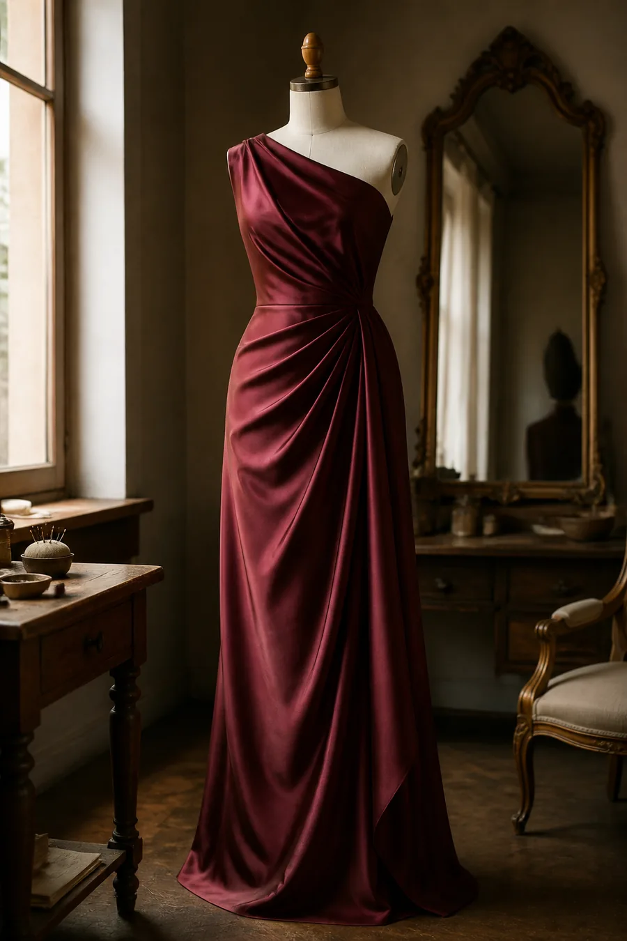 Deep maroon silk evening gown with sculpted draping