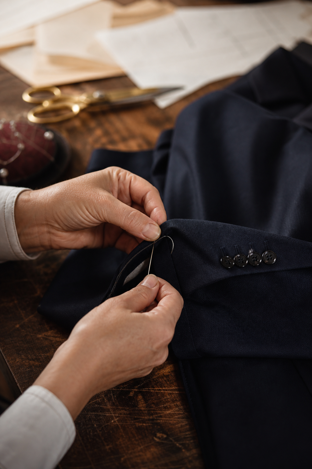 A female dressmaker's hands carefully tailoring the cuff of a navy wool jacket